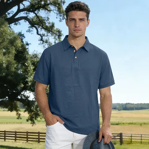 Men's Casual Linen Polo Shirt Breathable Quick Dry Turn-down Collar Short Sleeve Top Summer Outdoor British Style