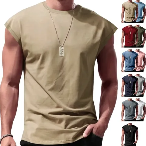 Men's Sleeveless T-Shirt Round Neck Loose Fit Summer Casual Tank Top Solid Color Breathable Polyester Sports Vest