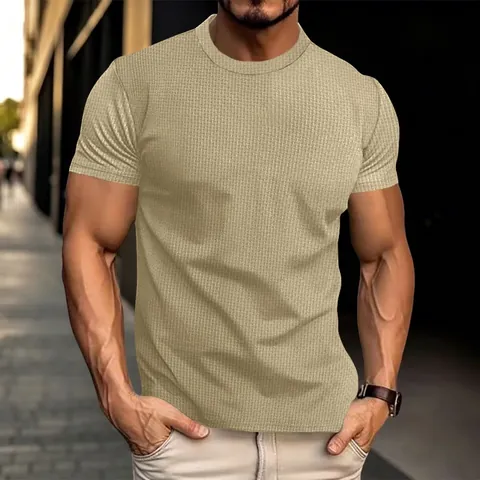 Camiseta De Punto Gofrado Para Hombre Nailon Elastano Manga Corta Transpirable Corte Ajustado Cuello Redondo Casual Deportivo Top