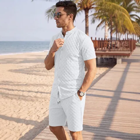 Abbigliamento Uomo Estivo in Maglia a Nido d'Ape Top And Bottom Jacquard Camicia a Maniche Corte e Pantaloncini con Coulisse