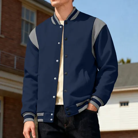 Men's Casual Varsity Jacket Color Block Patchwork Fleece Lined Bomber Jacket Sporty Baseball Coat For Teens Outdoor Activewear Top
