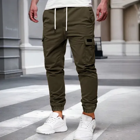Pantaloni Jogger Cargo Casual da Uomo Con Coulisse Vita Elastica Multi Tasche Tinta Unita Sport Outdoor Bottom