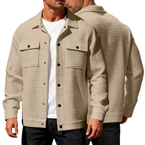 Men Long Sleeve Shirt Jacket Shacket Polyester Waffle Texture Jacquard Checkered Lapel Button Up Dual Pockets Casual Fashion