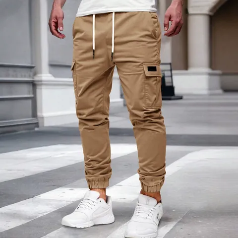 Pantaloni Jogger Cargo Casual da Uomo Con Coulisse Vita Elastica Multi Tasche Tinta Unita Sport Outdoor Bottom