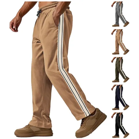 Men Corduroy Sweatpants Side Stripes Drawstring Elastic Waist Loose Fit Straight Leg Casual Sports Joggers Trousers