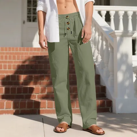 Men Casual Pants Linen Blend Breathable Loose Fit Drawstring Waist Straight Leg Summer Trousers Solid Color