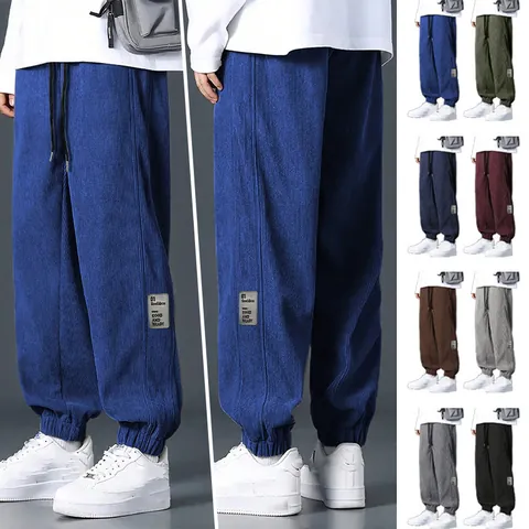 Men's Corduroy Joggers Loose Fit Casual Sweatpants Drawstring Waist Multi Pockets Sporty Trousers Solid Color