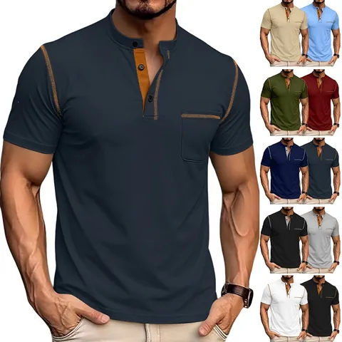 Men Short Sleeve Henley Shirt Polyester Breathable Casual Slim Fit Contrast Stitching Tee With Chest Pocket
