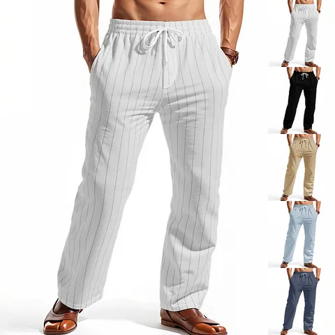Men Linen Striped Casual Pants Drawstring Elastic Waist Straight Leg Breathable Summer Beach Trousers
