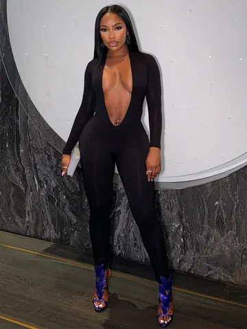 Mono Sexy de Mujer con Escote en V Profundo Espalda al Aire Manga Larga Color Sólido Ajustado Tejido Enterizo Clubwear
