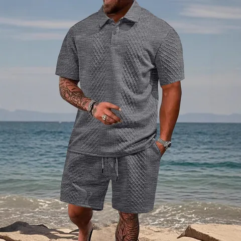 Herren Casual Jacquard Polo Hemd Und Shorts Set Sommer Dünn Kariert Umlegekragen Kurzarm Top Und Bottom Sportbekleidung