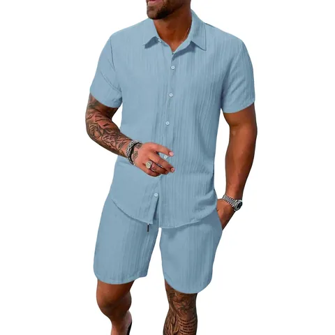 Uomo Estate Casual Poliestere Camicia E Pantaloncini Top E Bottom Tinta Unita Revers Manica Corta Abbottonato Abiti Da Spiaggia Per Uomo