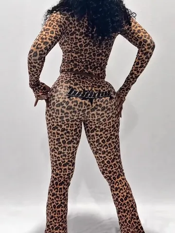 Conjunto de Dos Piezas Sexy para Mujer Estampado de Leopardo Sudadera con Capucha Top y Pantalón Largo Ajustado Conjunto Baddie