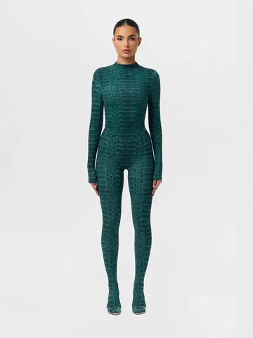 Women Sexy Green Snake Skin Print Mock Neck Long Sleeve Slim Fit Jumpsuit Footed Unitard Bodysuit Clubwear Streetwear Jumpsuit