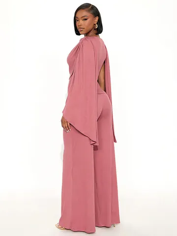 Completi da Donna Sexy in Maglia a Costine Top Senza Maniche e Pantaloni a Gamba Larga Design a Mantella Tinta Unita Rosa