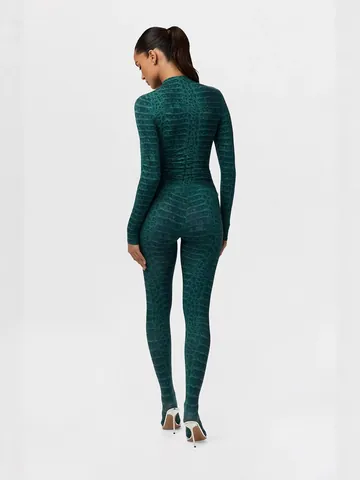 Women Sexy Green Snake Skin Print Mock Neck Long Sleeve Slim Fit Jumpsuit Footed Unitard Bodysuit Clubwear Streetwear Jumpsuit