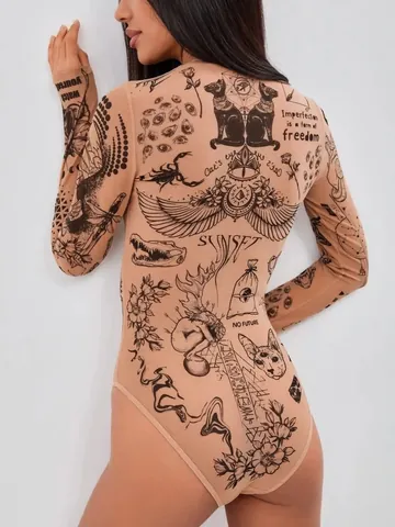 Women Sexy Tattoo Print Long Sleeve Round Neck Slim Fit High Cut Bodysuit Top Fashionable Streetwear Printed Jumpsuit