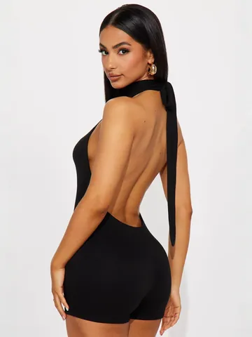 Combishort Sexy Dos Nu Halter pour Femmes Sans Manches Polyester Couleur Unie Pois Jumpsuit Été Tenue de Soirée Club