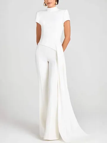 Damen Elegant Weiß Top und Hose Hochkragen Kurzarm Mit Skulpturalem Fall Und Weit Geschnittener Hose Strick Polyester Outfit