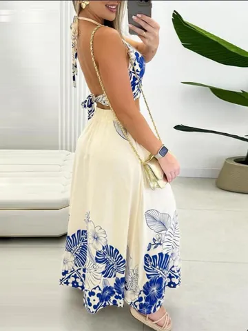 Top y Abajo de Mujer Sexy con Estampado Tropical Halter Sin Espalda Falda Maxi de Verano Playa Vacaciones Poliéster Estampado Floral