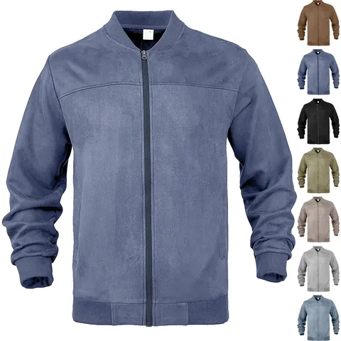 Herren Bomberjacke Aus Wildlederimitat Einfarbig Reißverschluss Rippstrickbündchen Langarm Casual Vintage Oberbekleidung