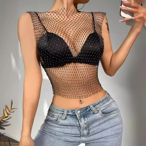 Sexy Nightclub Women Fishnet Hollow Out Rhinestone Tank Top Sparkly Mesh Diamond Cami Top Sleeveless Crop Top Party Clubwear