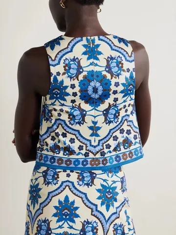 Women Sexy Blue Floral Print Two Piece Set Sleeveless Round Neck Crop Top And High Waisted Mini Skirt Summer Outfit
