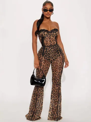 Sexy Damen Leopardenmuster Zweiteiler Trägerloses Tube Top Und Schlaghose Mit Brustpolstern Clubwear Kleidung