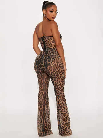 Sexy Damen Leopardenmuster Zweiteiler Trägerloses Tube Top Und Schlaghose Mit Brustpolstern Clubwear Kleidung