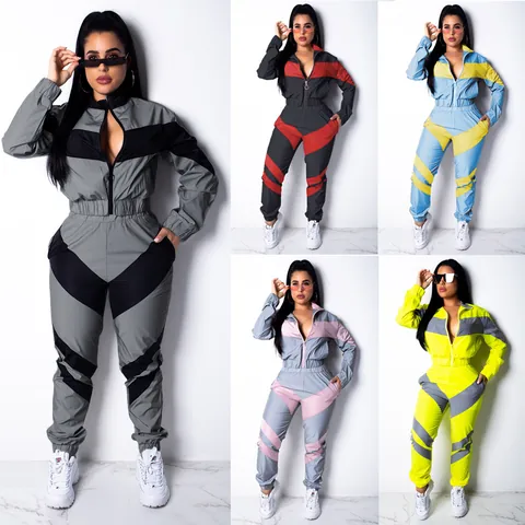 Women Patchwork Windbreaker Tracksuit Set Polyester Long Sleeve Zipper Stand Collar Jacket And Pants Top And Bottom Casual Wear