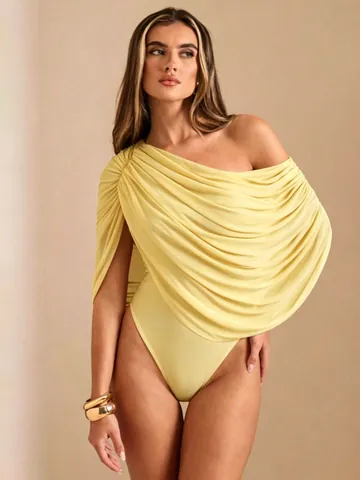 Women Sexy One Shoulder Ruched Bodysuit Sleeveless Solid Color Slim Fit Pleated Polyester Jumpsuit Party Top And Bottom