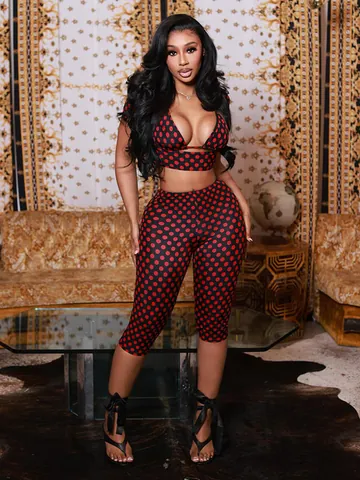Sexy Polka Dot Print Set Women Fashion Top And Bottom Short Sleeve Vest Cropped Slim Fit Pants Casual Clubwear Pant Suit