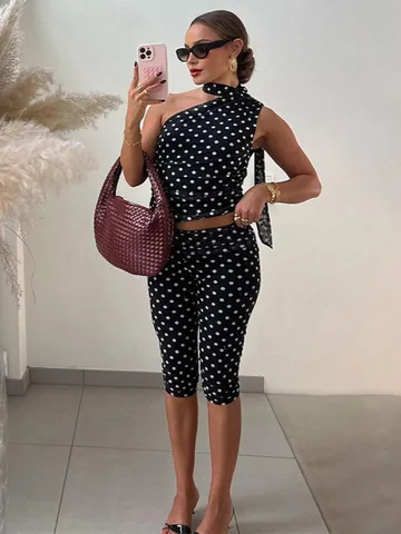 Damen Sexy Polka Dot Ein Schulter Netz Patchwork Zweiteiler Top Und Bottom Set Bodycon Caprihose Lässige Clubwear Outfits