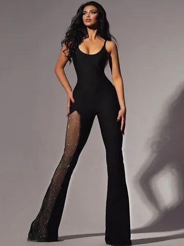 Sexy Women Backless Jumpsuit Mesh Patchwork Rhinestone Spaghetti Strap Low Cut Flare Leg Bodycon Party Clubwear Romper