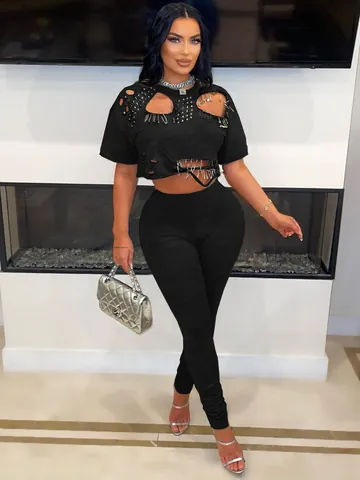 Dames Sexy Distressed Punk Gebreide Polyester Top en Broek Ronde Hals Korte Mouw Top met Lange Broek Klinknagels en Veiligheidsspelden