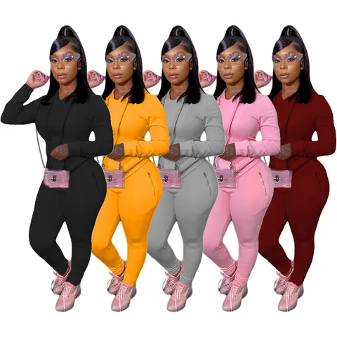 Women Casual Solid Color Hoodie And Pants Set Top And Bottom With Zipper Pockets Long Sleeve Polyester Tracksuit Sporty Outfit