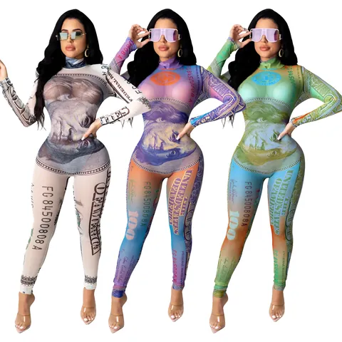 Women Sexy Sheer Mesh Long Sleeve Jumpsuit Money Print Bodycon Top And Bottom Party Clubwear High Neck Skinny Overall