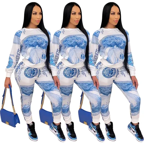Women Fashion Casual US Dollar Print Long Sleeve Hoodie And Pants Top And Bottom Tracksuit Streetwear Polyester Outfits