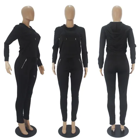 Women Casual Solid Color Hoodie And Pants Set Top And Bottom With Zipper Pockets Long Sleeve Polyester Tracksuit Sporty Outfit