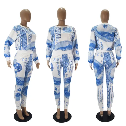 Women Fashion Casual US Dollar Print Long Sleeve Hoodie And Pants Top And Bottom Tracksuit Streetwear Polyester Outfits