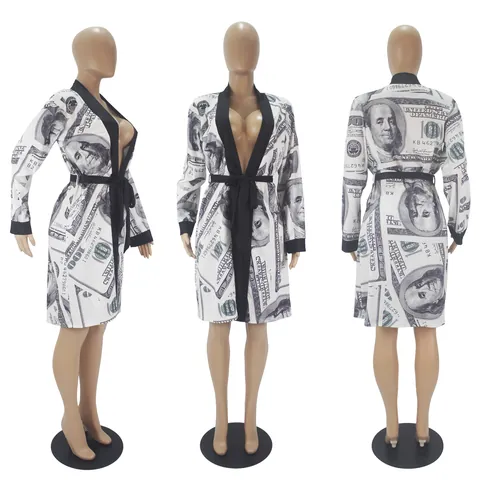 Women Sexy Dollar Print Long Sleeve Satin Robe Dress Loose V Neck Nightgown With Waist Belt Homewear Casual Cardigan Dress