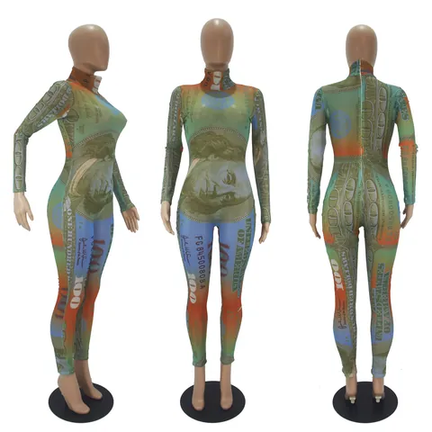 Women Sexy Sheer Mesh Long Sleeve Jumpsuit Money Print Bodycon Top And Bottom Party Clubwear High Neck Skinny Overall