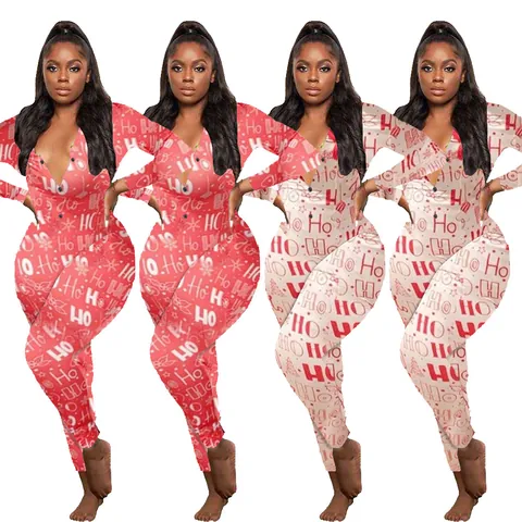 Women's Sexy Christmas Print Jumpsuit Long Sleeve V Neck Top And Bottom Festive Onesie Pajamas Holiday Loungewear