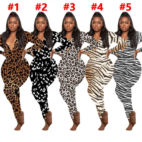 Combinaison Femme Décontractée Imprimé Animal Manches Longues Pantalon Long Léopard Tigre Zèbre Sexy Col en V Bouton Top And Bottom