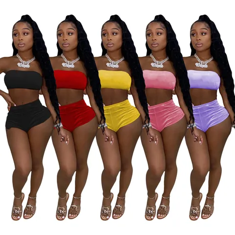 Women Sexy Velvet Two Piece Set Strapless Tube Top And High Waist Shorts Solid Color Slim Fit Clubwear Summer Outfit Top And Bottom