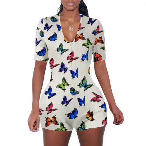 Pagliaccetto Donna Casual Largo con Stampa a Farfalla Lettera Cartone Animato Scollo a V Bottone Manica Corta Tuta Casa