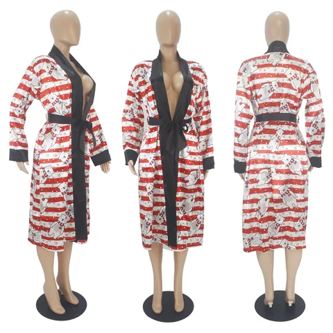 Women Sexy Loose Sleepwear Satin Robe Long Sleeve Loungewear Nightgown V-Neck Printed Home Dress Lounge Outerwear
