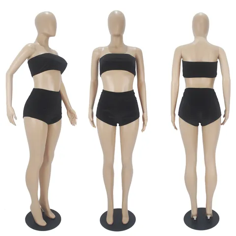 Women Sexy Velvet Two Piece Set Strapless Tube Top And High Waist Shorts Solid Color Slim Fit Clubwear Summer Outfit Top And Bottom