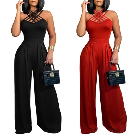 Women Sexy Multi-Strap Crisscross Neck Jumpsuit Polyester Solid Color Ruched Wide Leg One-Piece For Party Clubwear