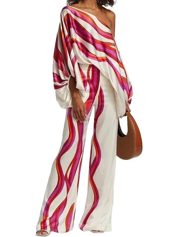 Women Satin Print Off The Shoulder Long Sleeve Top And Bottom Loose Casual Wide Leg Pants Co-ords Outfit Daily Vacation